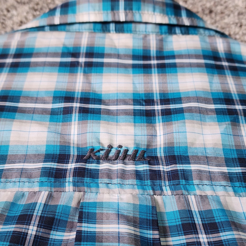 Kuhl Plaid Shirt Mens Large Blue Short Sleeve Snap Front Hiking Outdoor EUC - Picture 14 of 16